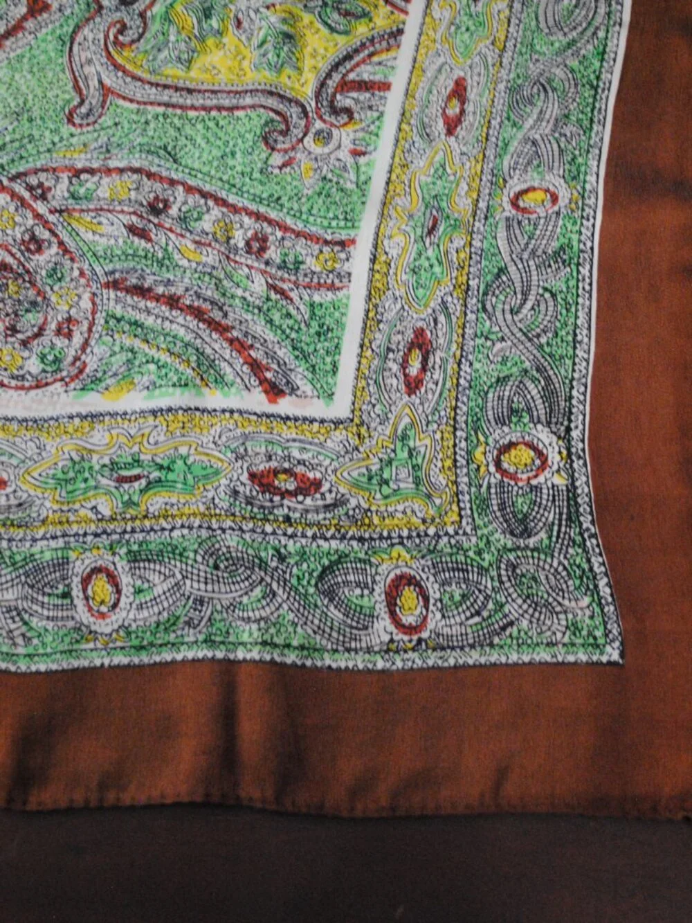 Large Vintage Brown, Yellow, & Green Floral Paisley Scarf